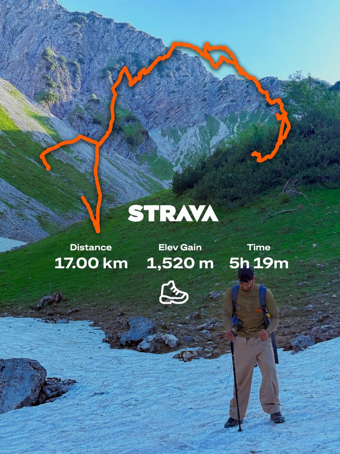 Crossing a snowfield with route stats overlaid