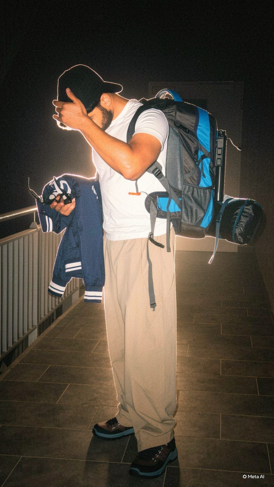 Night photo with backpack, lit by flash